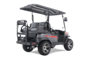 A golf cart with a canopy and seat.