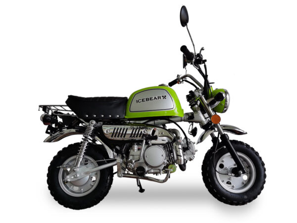 A green and silver motorcycle is parked on the ground.