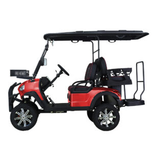 A red golf cart with a black top and wheels.