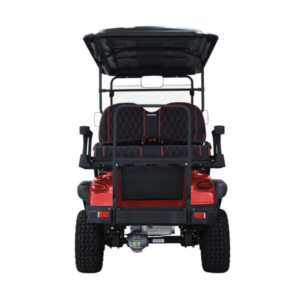 A red golf cart with the top up.