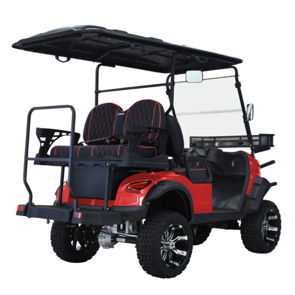 A red golf cart with a black top and seats.