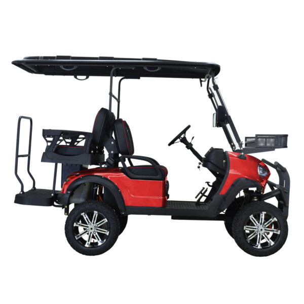 A red golf cart with black seats and top.