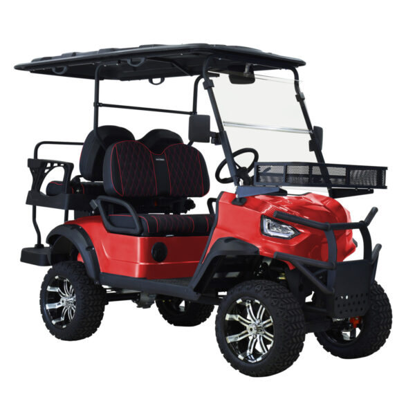 A red golf cart with a black basket on top.