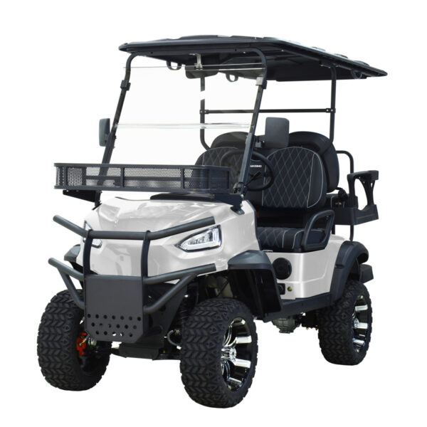 A golf cart with two seats and a canopy.