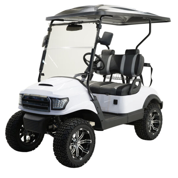 A white golf cart with black seats and wheels.