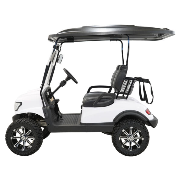 A golf cart with a black top and wheels.