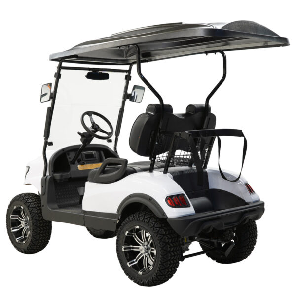 A golf cart with a black and white color scheme.