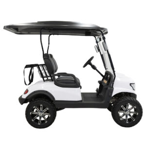 A white golf cart with black rims and a top.
