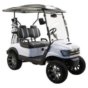 A white golf cart with a canopy on top.