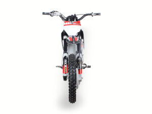 A dirt bike is shown with the front tire raised.
