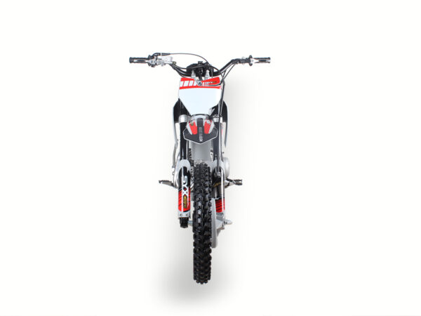 A dirt bike is shown from the front.