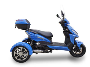 A blue three wheeled motorcycle with a black seat.