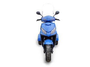 A blue scooter is parked on the ground.