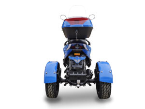 A blue three wheeled motorcycle with a red top.