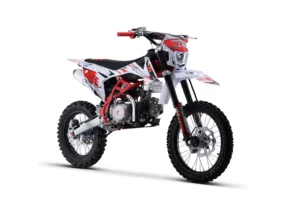 A dirt bike is shown with red accents.