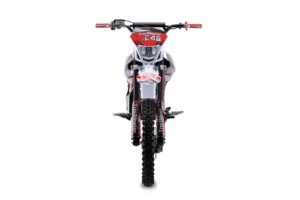 A dirt bike is shown with the front end missing.