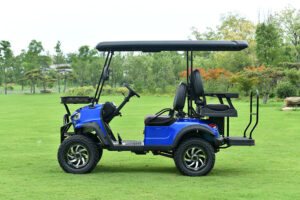 A blue golf cart is parked in the grass.