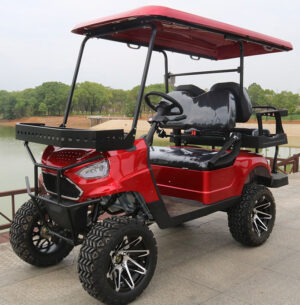 A red golf cart with a black seat and wheels.