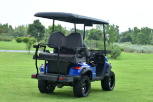 A blue golf cart with two seats and a canopy.