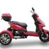 A red three wheeled motorcycle with a black seat.