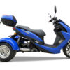 A blue three wheeled motorcycle is parked on the ground.