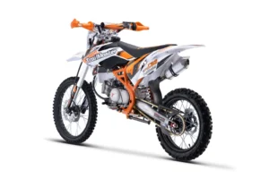 A dirt bike is shown with orange accents.