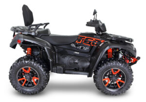 A black and red four wheeler with big wheels.