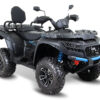 A black and blue four wheeler with a seat up.