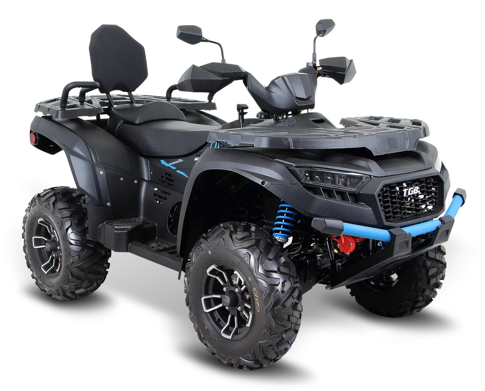 A black and blue four wheeler with a seat up.