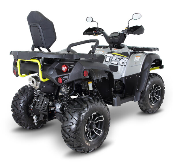 A black and silver atv with a yellow seat.