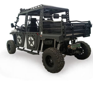 A military style vehicle with four seats and a large cargo bed.