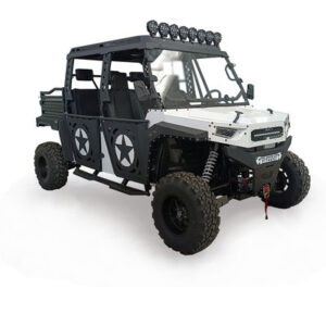 A white and black four wheeler with a large roof.