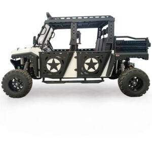 A black and white four wheeler with star decals.