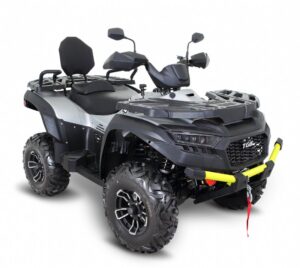 A black and silver atv with yellow trim.