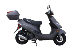 A scooter with a black seat and back.