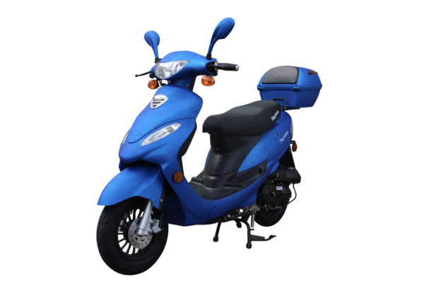 A blue scooter with a black seat and back.
