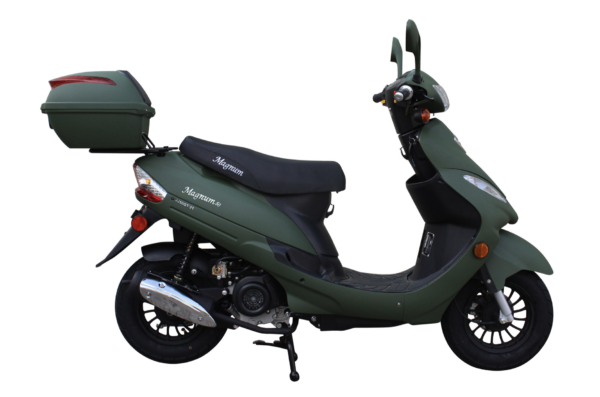 A green scooter with a black seat and back.