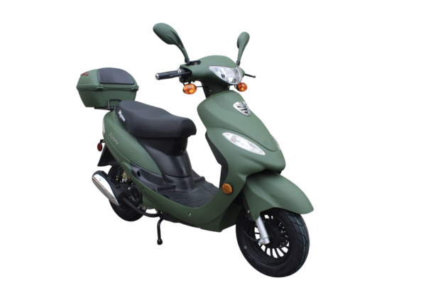 A green scooter with a black seat and a white background