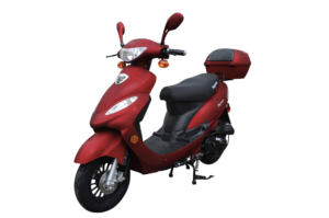 A red scooter with a black seat and a white background