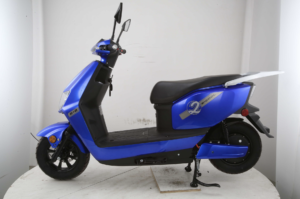 A blue scooter is parked in the corner of a room.