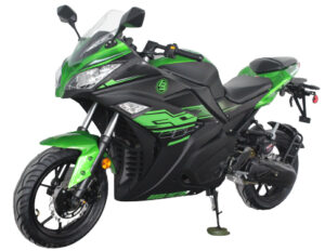 A green and black motorcycle is parked on the ground.