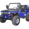 A blue jeep with two seats and large tires.