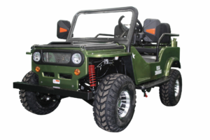 A green jeep with large tires and two seats.