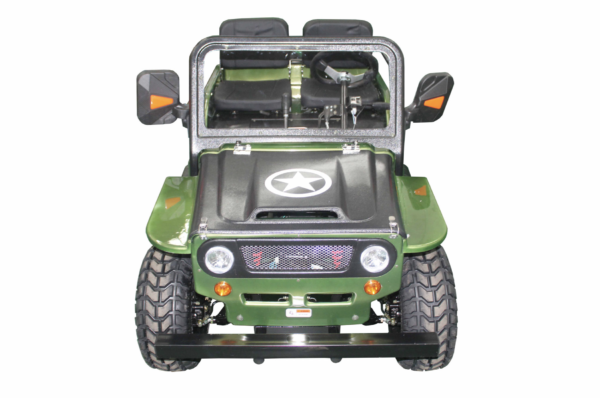 A green jeep with black wheels and the top is open.