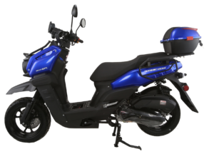 A blue scooter with black trim and seat.