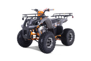 A black and orange atv with two big tires