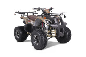 A tan and black atv with two racks on the back of it.