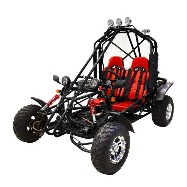 A red and black dune buggy with lights on it