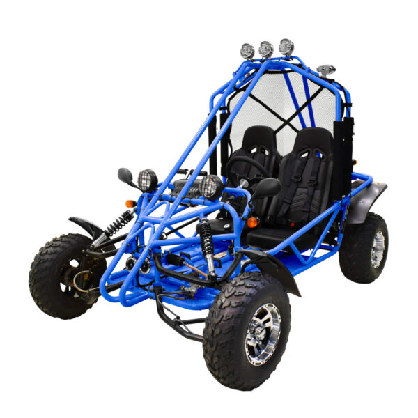 A blue dune buggy with two seats and a large tire.