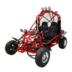 A red dune buggy with two seats and three lights.